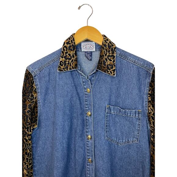 Carolina Blues y2k Denim Cheetah Print Long Sleeve Button Up 90s Size 10 - Picture 2 of 6